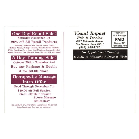 Vintage Visual Impact Salon Promotional Postcard Advertising Hair Tanning Iowa - Picture 2 of 2